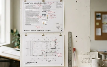 Scope of work documents and floor plans on a studio wall