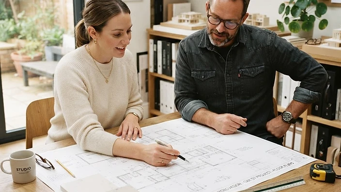 Designer and builder reviewing renovation plans with material samples