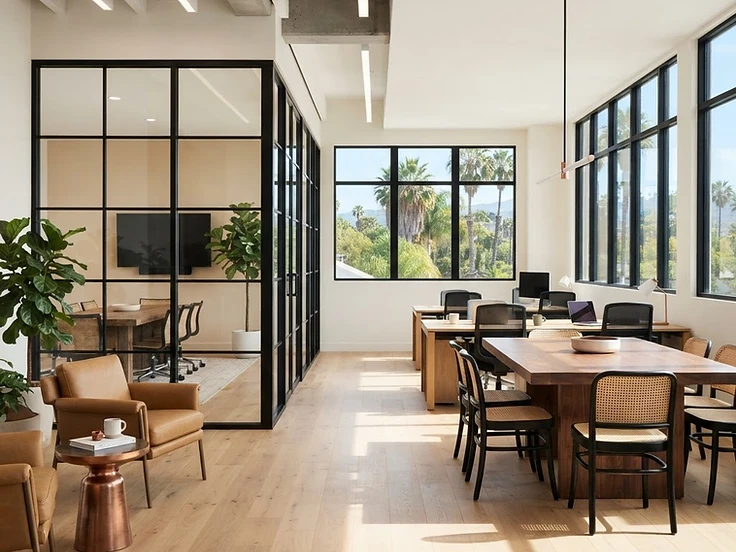 Renovated modern office interior with glass partitions and warm natural light