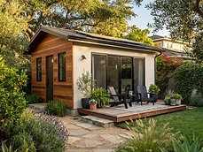 Modern detached backyard ADU with cedar siding and sliding glass doors