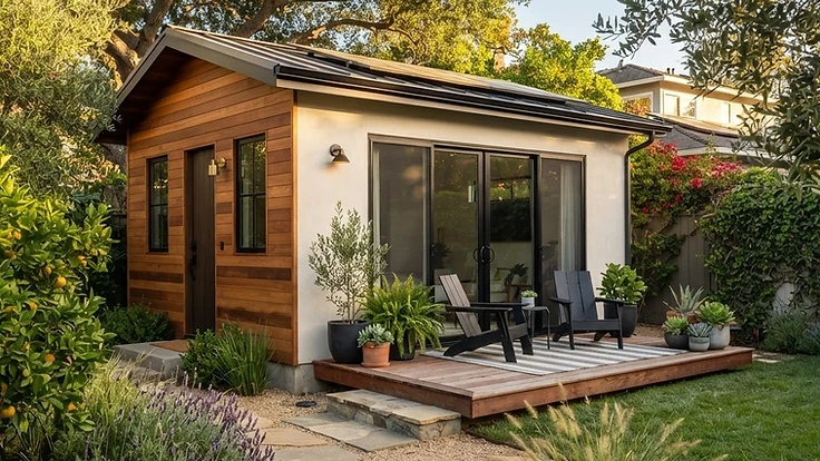 Modern detached backyard ADU with cedar siding and sliding glass doors