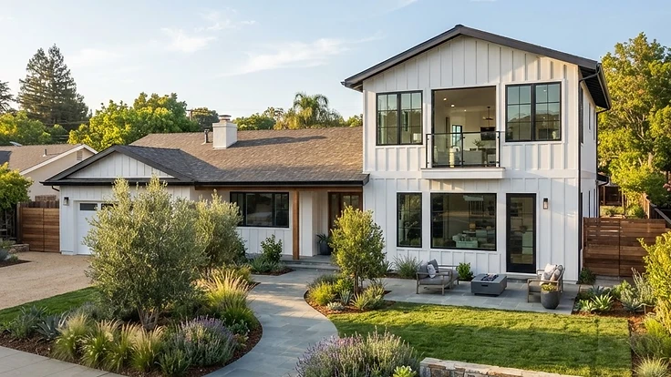 Two-story addition on a California ranch home with matching siding and trim