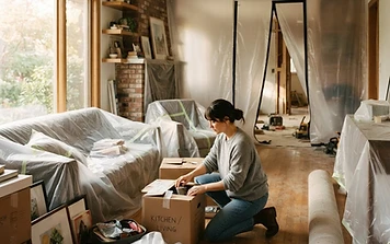 Homeowner packing and covering furniture before a remodel