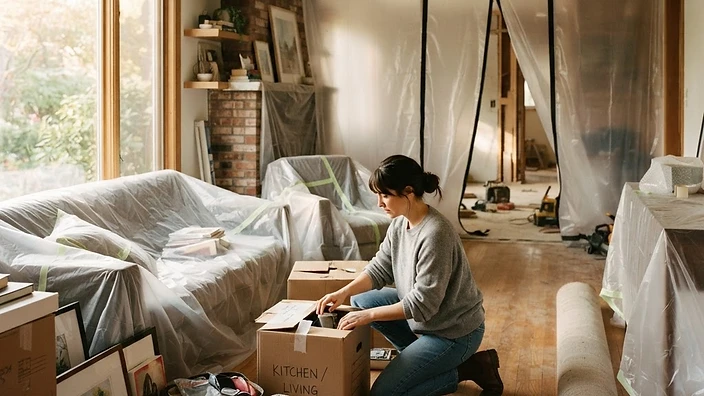 Homeowner packing and covering furniture before a remodel