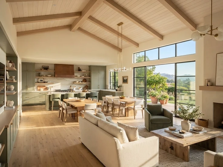 Open living space in a remodeled California home with white oak beams and natural light