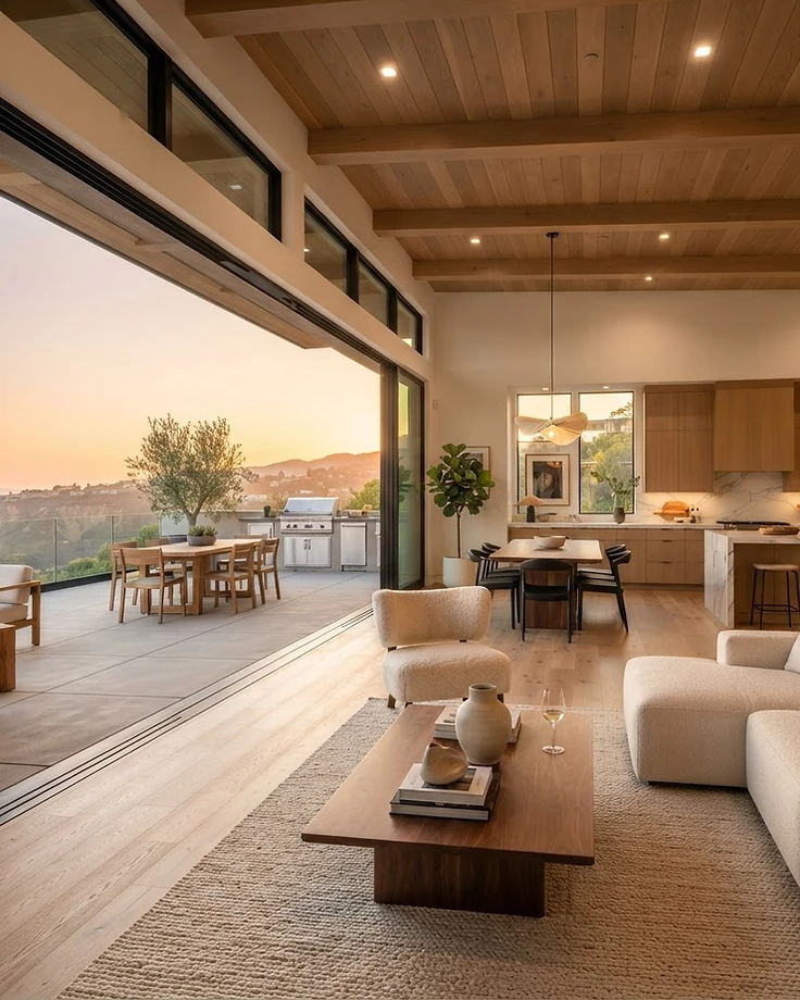Interior of a modern California home with an open indoor-outdoor living space in warm natural light