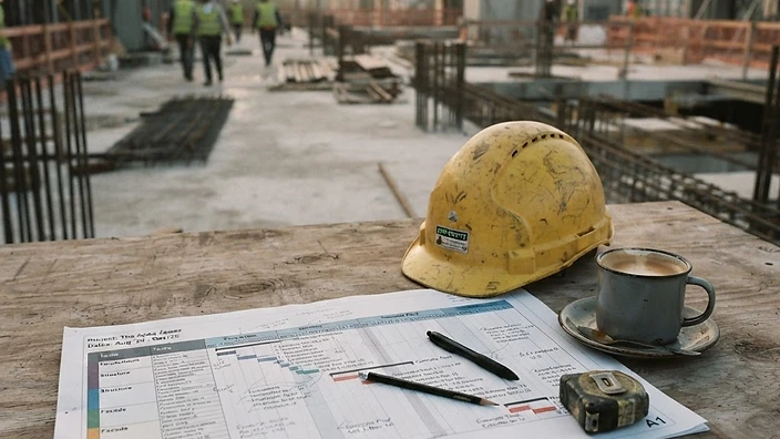 Construction schedule printout beside a hard hat