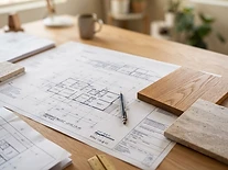 Architectural drawings and wood and stone material samples arranged on a desk