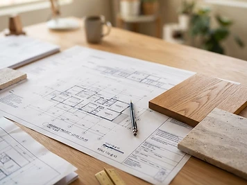 Architectural drawings and wood and stone material samples arranged on a desk