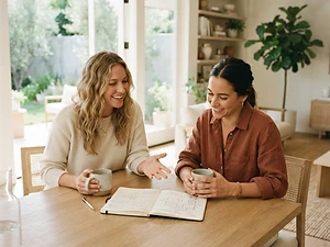 Homeowners reviewing scope and budget with a builder at a table