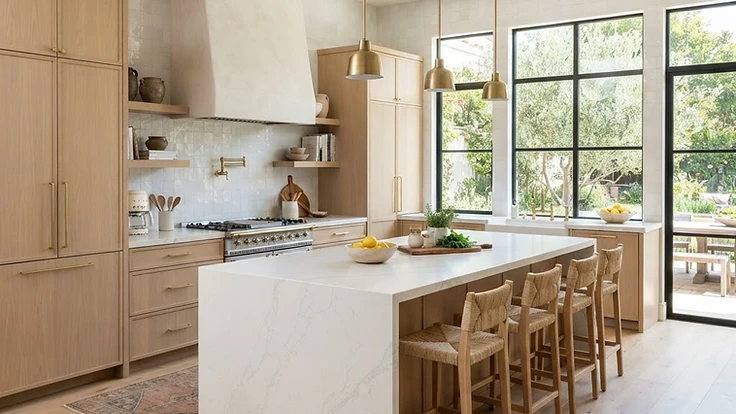 Remodeled modern kitchen with pale oak cabinetry and a large stone island