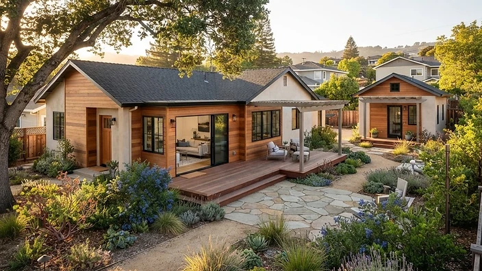AI-generated illustrative concept of a Northern California home with an addition and a detached backyard cottage; not a completed Liri Builders project.