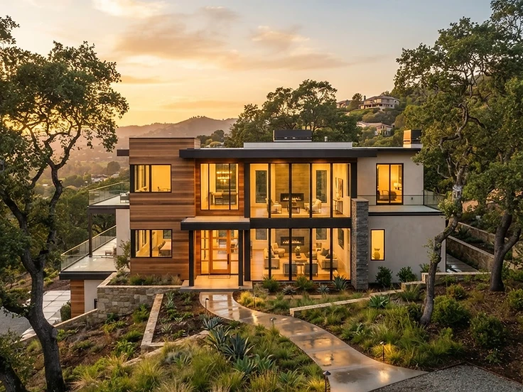 Modern custom home with wood and stucco facade in the Walnut Creek hills at golden hour