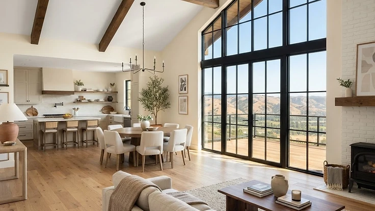 Renovated open-plan living room with vaulted beamed ceiling and large steel-framed windows