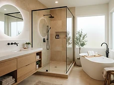 Renovated primary bathroom with floating oak vanity and glass walk-in shower