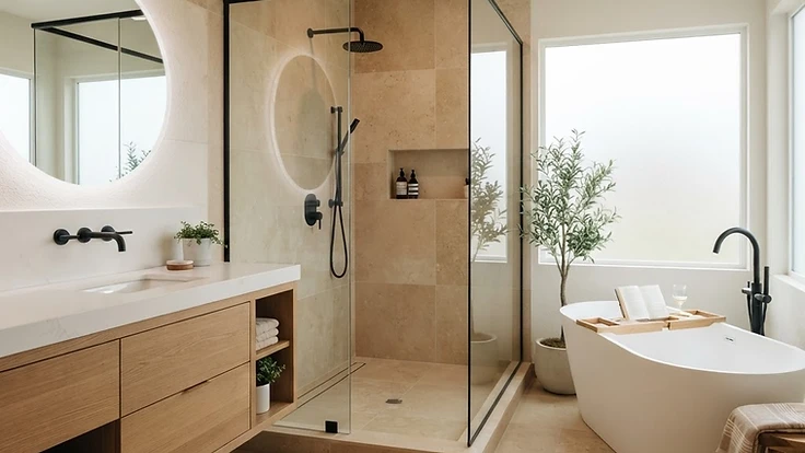 Renovated primary bathroom with floating oak vanity and glass walk-in shower