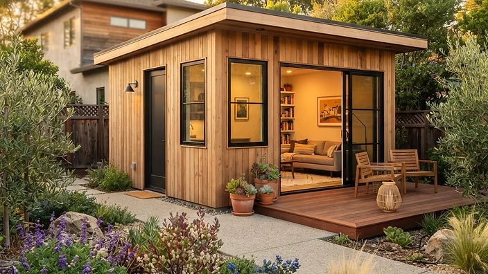 Detached backyard ADU with wood siding and garden