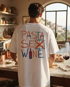 Camiseta LUCCA branca — homem em cozinha rústica italiana