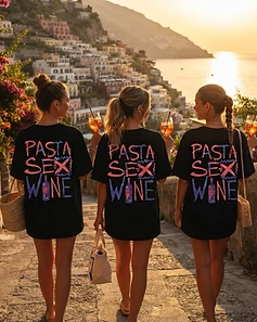 Camiseta LUCCA preta — três mulheres em Positano ao pôr do sol com Aperol Spritz