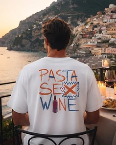Camiseta LUCCA branca — homem em terraço com vista para Positano ao pôr do sol