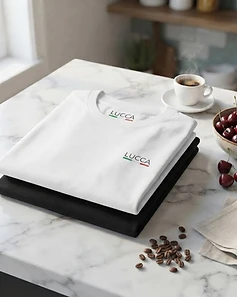 Camisetas LUCCA branca e preta empilhadas em mármore com cerejas e café