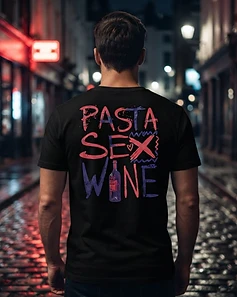 Camiseta LUCCA preta — homem em rua de paralelepípedos à noite