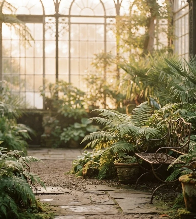 A conservatory garden at dawn