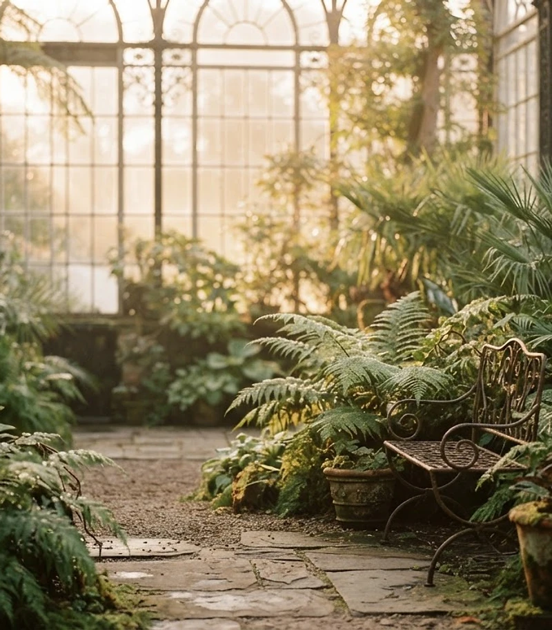 A conservatory garden at dawn
