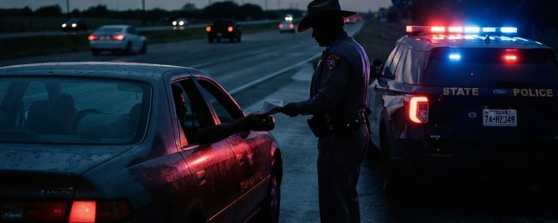 Police officer pulling over a driver at dusk with flashing lights