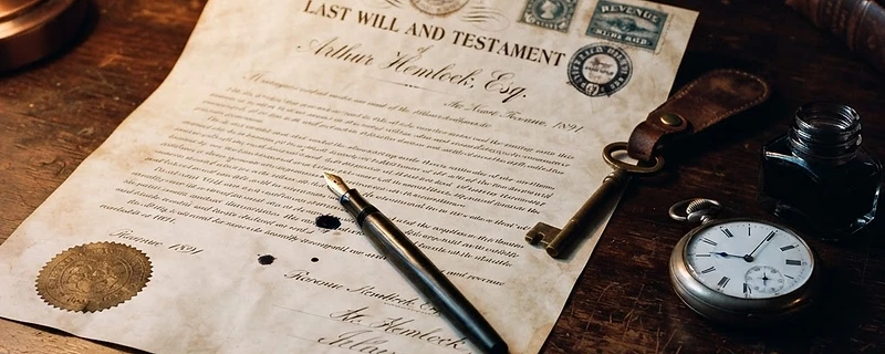 Antique legal document and fountain pen on a dark walnut desk
