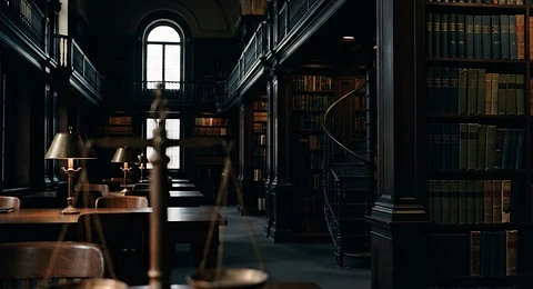 Law library and scales of justice