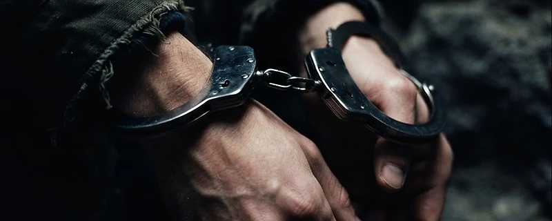Close-up of wrists in steel handcuffs, dramatic cinematic lighting