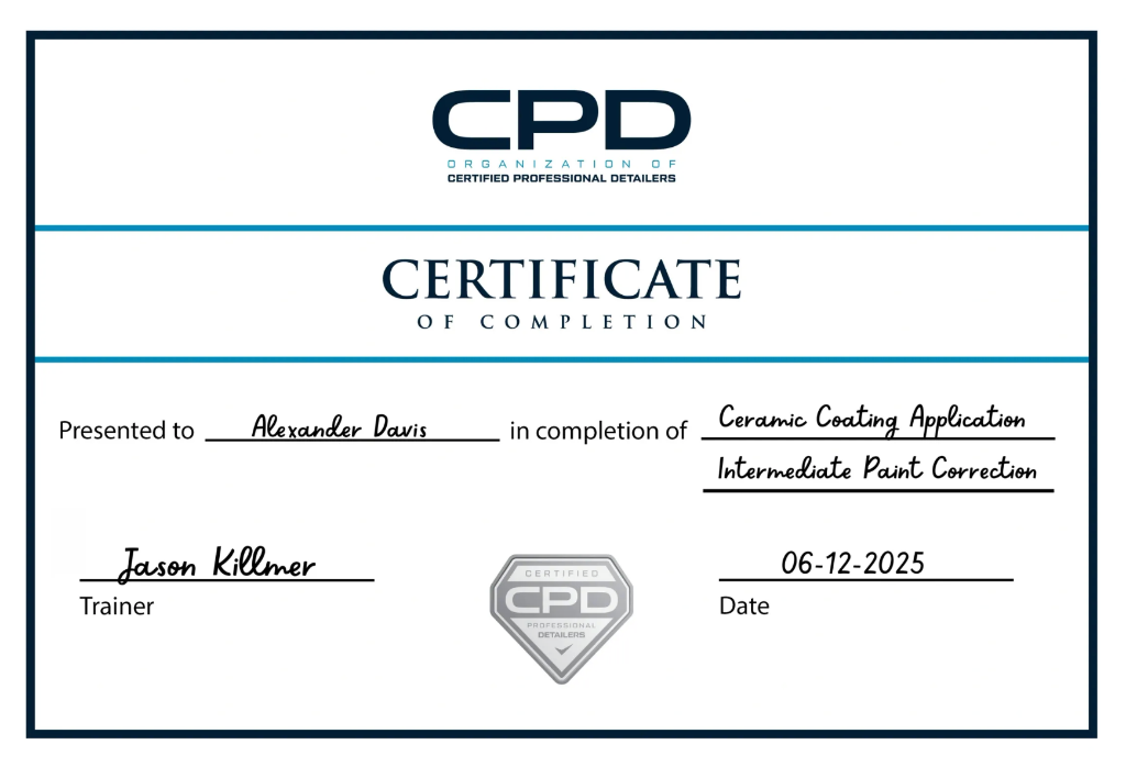 CPD Certificate of Completion - Ceramic Coating Application & Intermediate Paint Correction