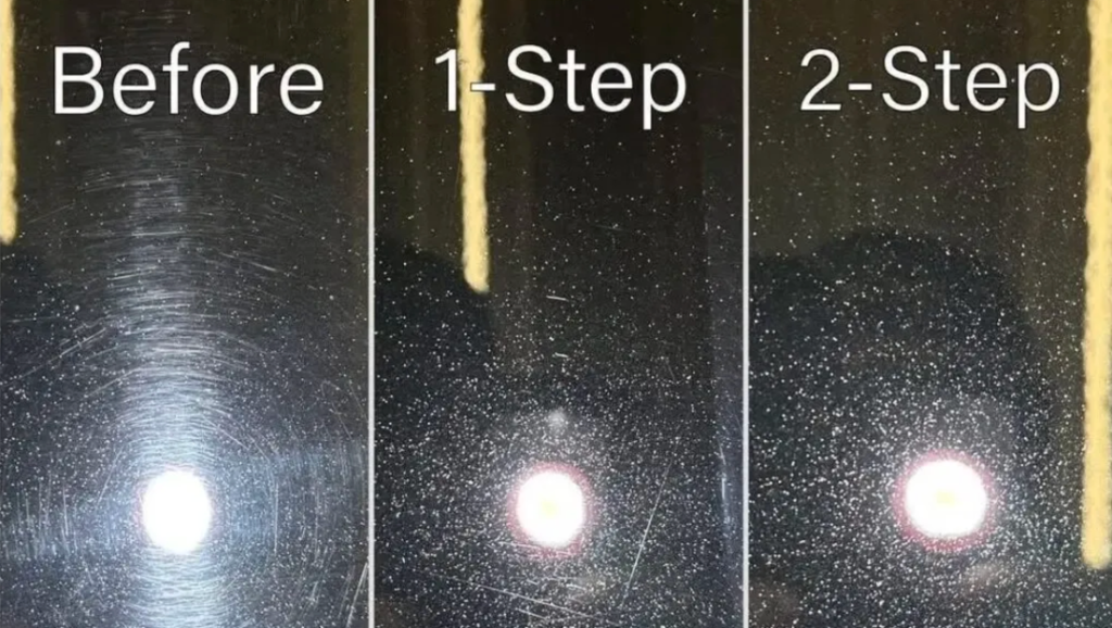 Before, 1-Step, and 2-Step polish level comparison on black car paint