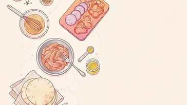 Illustration: cutting board, marinated meat strips, spice bowls and pita — recipes chapter