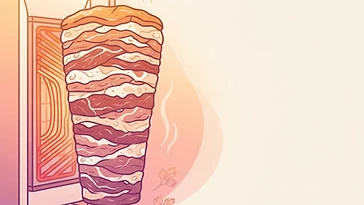 Technical illustration: cross-section of a vertical shawarma spit showing meat and fat layers by the heat source