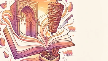 Illustration: an open book turning into a shawarma spit and an old market — history and culture chapter