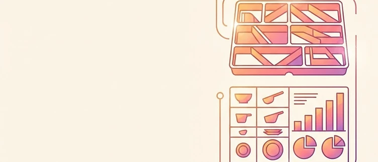 Illustration: a tool panel with calculator dials, portion trays and a spice measuring scale