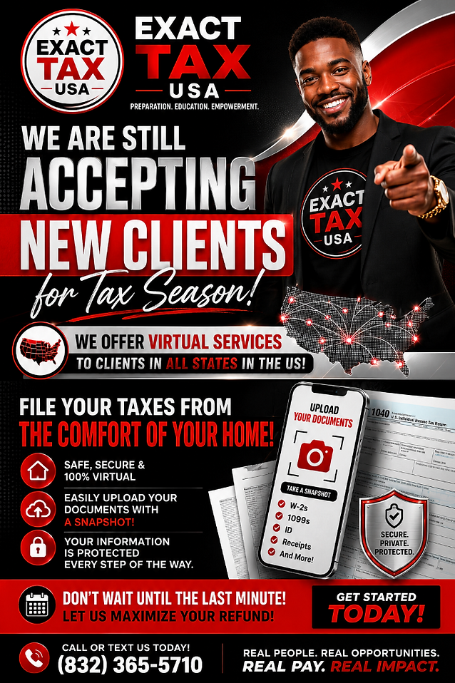 EXACT TAX USA promotional flyer — virtual tax services nationwide