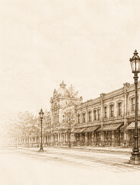 Hand-drawn historic downtown Frisco streetscape with Victorian street lamp and brick storefronts