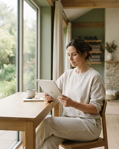 A wellness professional calmly reviewing a clean tablet in a sunlit studio