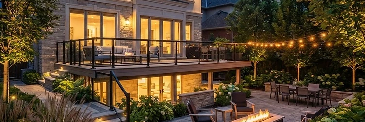 Finished Ravine Decks landscape project in Toronto at dusk