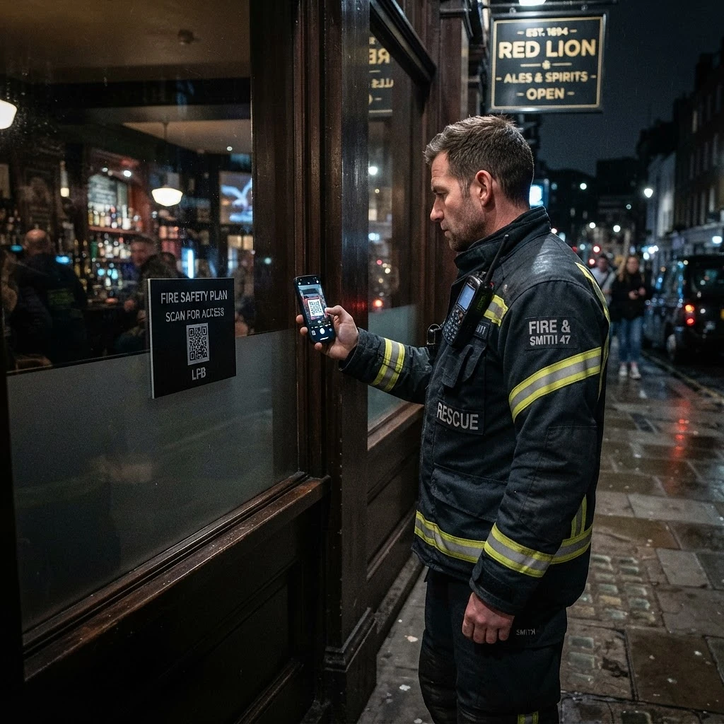 A 999 responder scanning the FireIntel Response plaque at a window