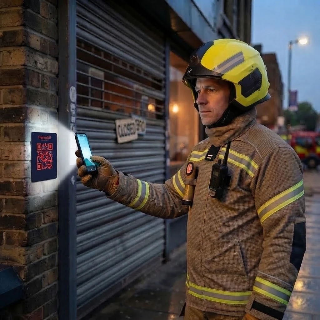 A firefighter in full PPE scanning the FireIntel UK Emergency Responder QR plaque beside a closed business