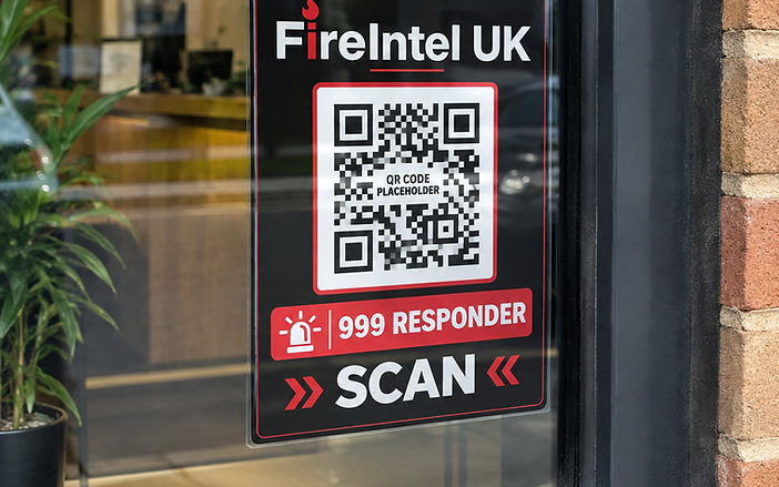 FireIntel Response QR plaque mounted in a storefront window