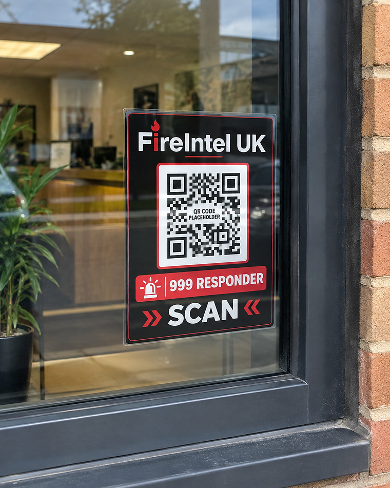 A FireIntel UK QR responder placard mounted on a shop window