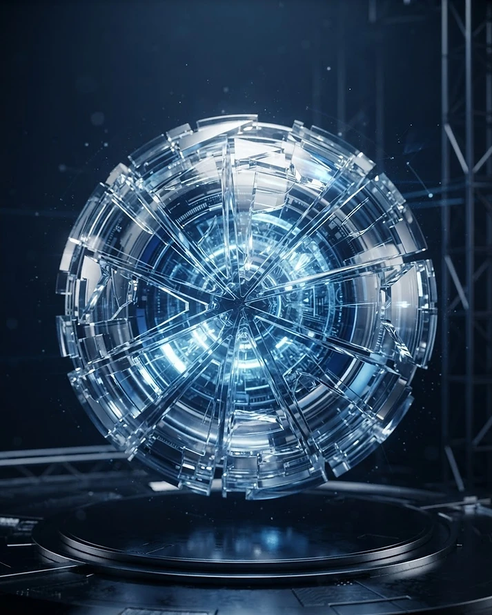 Abstract 3D render of glass shards forming a sphere, representing data unity