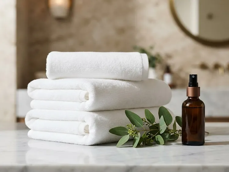 Neatly folded white towels on a marble vanity after move-out cleaning by Wiregrass Cleaning in Wesley Chapel, FL