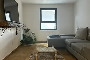 Sala con sofá gris y vista al exterior