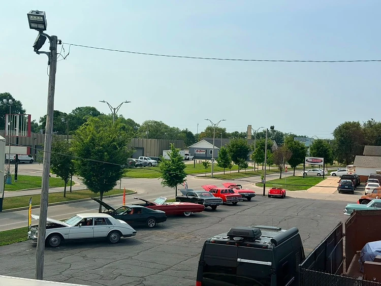 US Motor Sales lot in Kokomo, Indiana — full of classic and muscle cars